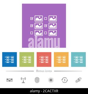 Multiple image selection with checkboxes flat white icons in square backgrounds. 6 bonus icons included. Stock Vector