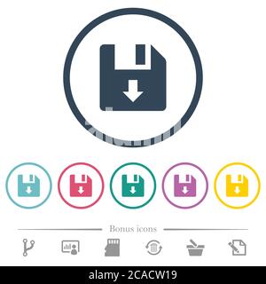 Move down file flat color icons in round outlines. 6 bonus icons included. Stock Vector