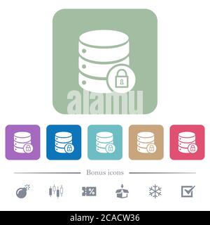 Database lock white flat icons on color rounded square backgrounds. 6 bonus icons included Stock Vector
