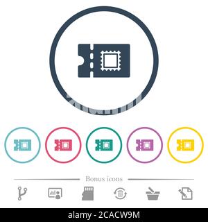 Postal discount coupon flat color icons in round outlines. 6 bonus icons included. Stock Vector