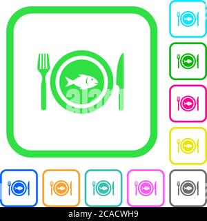 Fish for lunch vivid colored flat icons in curved borders on white background Stock Vector