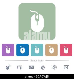 Computer mouse with cord white flat icons on color rounded square backgrounds. 6 bonus icons included Stock Vector