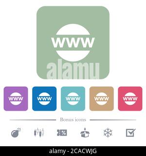 Domain name white flat icons on color rounded square backgrounds. 6 bonus icons included Stock Vector