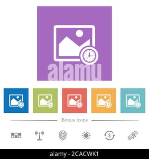 Image time flat white icons in square backgrounds. 6 bonus icons included. Stock Vector