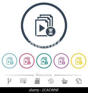 Preparing playlist flat color icons in round outlines. 6 bonus icons included. Stock Vector