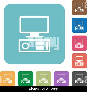 Old personal computer white flat icons on color rounded square backgrounds Stock Vector
