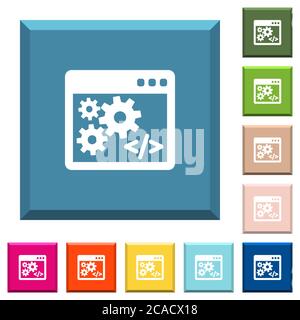 Application programming interface white icons on edged square buttons in various trendy colors Stock Vector