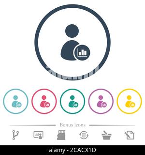 User account statistics flat color icons in round outlines. 6 bonus icons included. Stock Vector