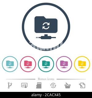 Refresh ftp flat color icons in round outlines. 6 bonus icons included. Stock Vector