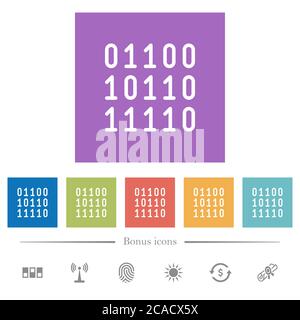 Binary code flat white icons in square backgrounds. 6 bonus icons included. Stock Vector
