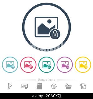 Lock image flat color icons in round outlines. 6 bonus icons included. Stock Vector