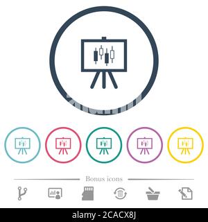 Presentation table with candlestick chart flat color icons in round outlines. 6 bonus icons included. Stock Vector