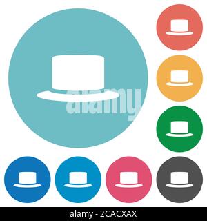 Silk hat flat white icons on round color backgrounds Stock Vector