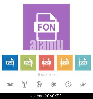 FON file format flat white icons in square backgrounds. 6 bonus icons included. Stock Vector