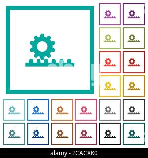Cogwheel with rack pinion flat color icons with quadrant frames on white background Stock Vector