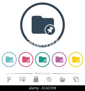 Pin directory flat color icons in round outlines. 6 bonus icons included. Stock Vector