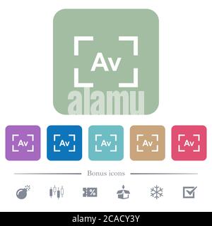 Camera aperture value mode white flat icons on color rounded square backgrounds. 6 bonus icons included Stock Vector