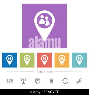 Fleet tracking flat white icons in square backgrounds. 6 bonus icons included. Stock Vector