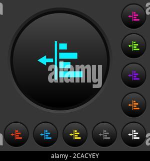 Decrease left indentation of content dark push buttons with vivid color icons on dark grey background Stock Vector