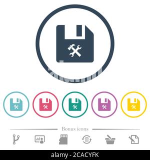 File tools flat color icons in round outlines. 6 bonus icons included. Stock Vector