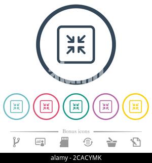 Shrink object flat color icons in round outlines. 6 bonus icons included. Stock Vector