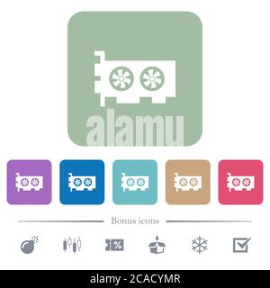 Computer video card white flat icons on color rounded square backgrounds. 6 bonus icons included Stock Vector