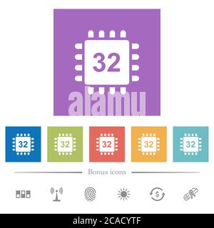 Microprocessor 32 bit architecture flat white icons in square backgrounds. 6 bonus icons included. Stock Vector