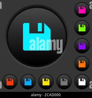 Save data dark push buttons with vivid color icons on dark grey background Stock Vector