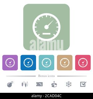 Speedometer white flat icons on color rounded square backgrounds. 6 bonus icons included Stock Vector