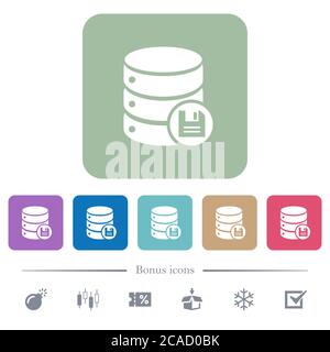 Database save white flat icons on color rounded square backgrounds. 6 bonus icons included Stock Vector