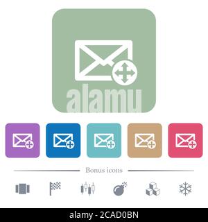 Move mail white flat icons on color rounded square backgrounds. 6 bonus icons included Stock Vector