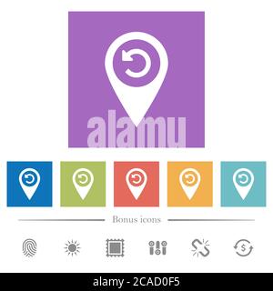 Undo GPS map location flat white icons in square backgrounds. 6 bonus icons included. Stock Vector