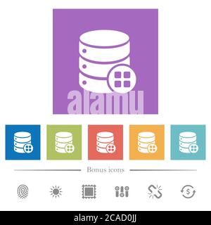 Database modules flat white icons in square backgrounds. 6 bonus icons included. Stock Vector