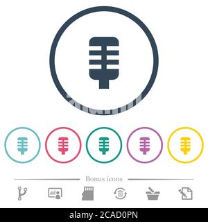 Microphone flat color icons in round outlines. 6 bonus icons included. Stock Vector