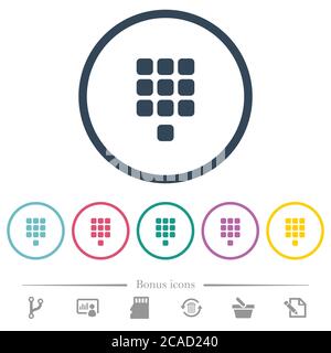 Dial pad flat color icons in round outlines. 6 bonus icons included. Stock Vector