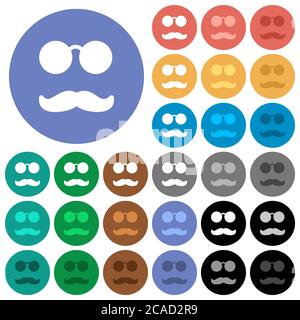 Glasses and mustache multi colored flat icons on round backgrounds. Included white, light and dark icon variations for hover and active status effects Stock Vector