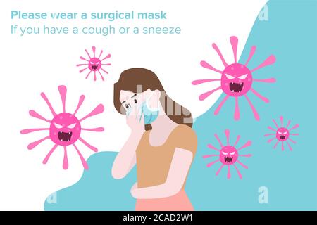 Guidance for sick people with the flu Concept with woman and man whom coughing wearing hygiene mask for preventing the spread of flu. Stock Vector