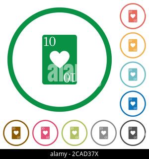 Ten of hearts card flat color icons in round outlines on white background Stock Vector