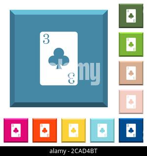 Three of clubs card white icons on edged square buttons in various trendy colors Stock Vector