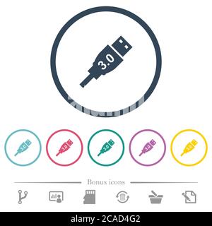 High speed USB flat color icons in round outlines. 6 bonus icons included. Stock Vector