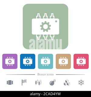 Hardware settings white flat icons on color rounded square backgrounds. 6 bonus icons included Stock Vector