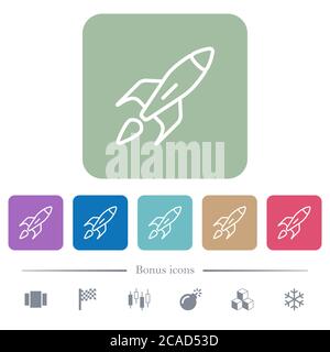 Launched rocket white flat icons on color rounded square backgrounds. 6 bonus icons included Stock Vector