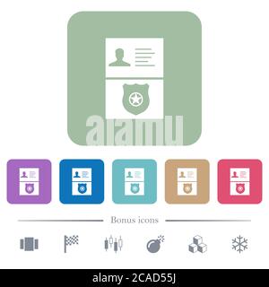 Police id and badge white flat icons on color rounded square backgrounds. 6 bonus icons included Stock Vector