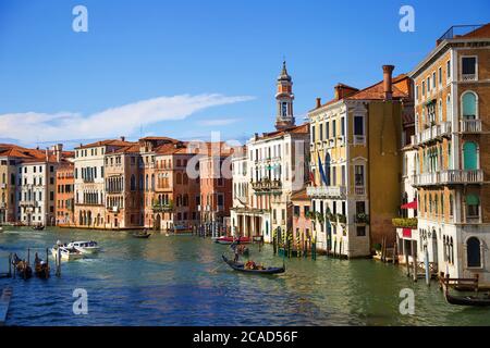 Evening view of the Grand Canal with gondolas and boats. Venice, Italy. Stock Photo