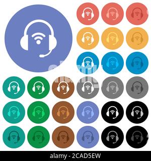 Wireless headset multi colored flat icons on round backgrounds. Included white, light and dark icon variations for hover and active status effects, an Stock Vector