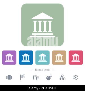 Bank office building white flat icons on color rounded square backgrounds. 6 bonus icons included Stock Vector