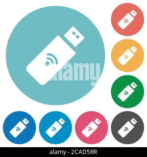 Wireless usb stick flat white icons on round color backgrounds Stock Vector