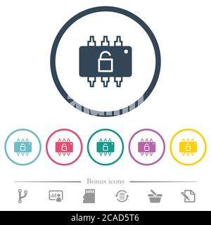 Hardware unlocked flat color icons in round outlines. 6 bonus icons included. Stock Vector