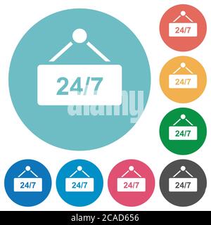hanging table with 24h seven days a week flat white icons on round color backgrounds Stock Vector
