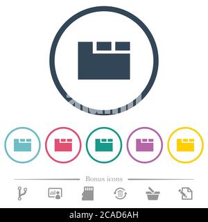 Horizontal tabbed layout active flat color icons in round outlines. 6 bonus icons included. Stock Vector